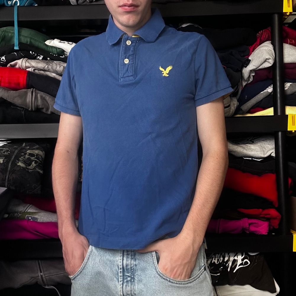 American Eagle Outfitters Mens Blue Vintage Fit Eagle Polo Shirt Medium Y2K
